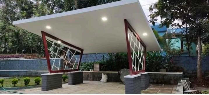 Architectural slatted wood and steel carport