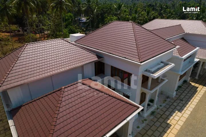 Brown flat tile roof with solar panels installed