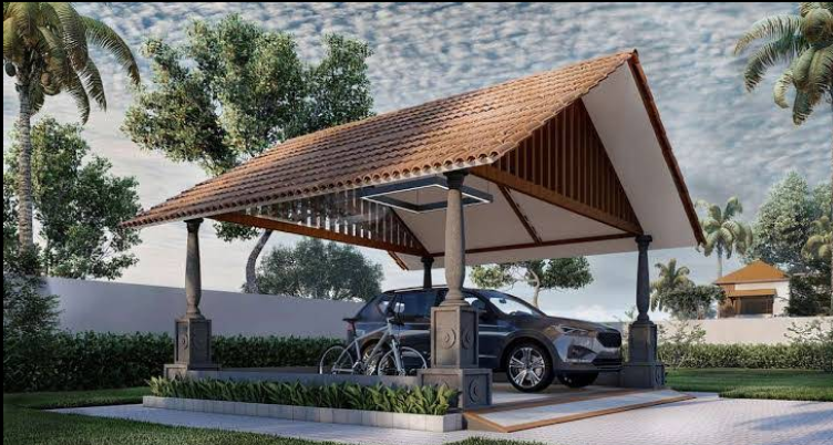 Kerala traditional carport with clay tile roof by Roofopolis
