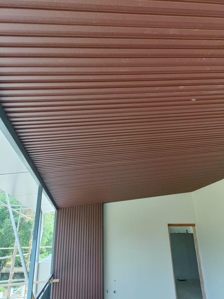 Premium wood panel soffit ceiling on a balcony