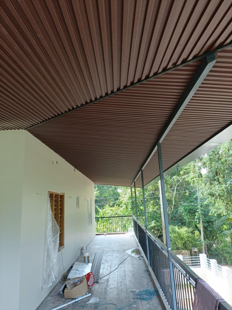 Luxury balcony soffit with dark wood panels